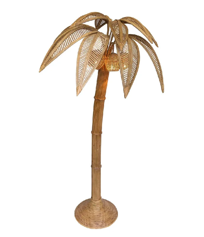 LARGE RATTAN PALM TREE FLOOR LIGHT, WITH THREE BULBS IN THE COCONUTS