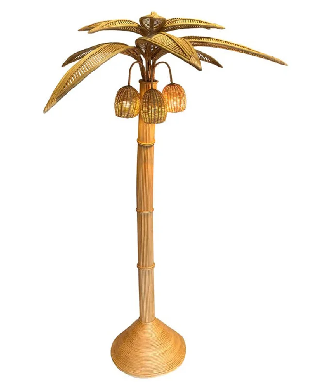 LARGE RATTAN AND BAMBOO PALM TREE FLOOR LIGHT, WITH THREE BULBS IN THE COCONUTS