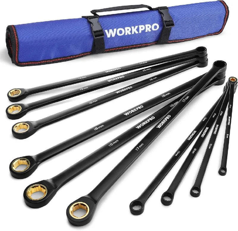 WORKPRO 10 Pcs Extra Long Box End and Anti-slip Ratcheting Wrench Set with Rolling Pouch,  Metric 8-19 mm, 72-Teeth