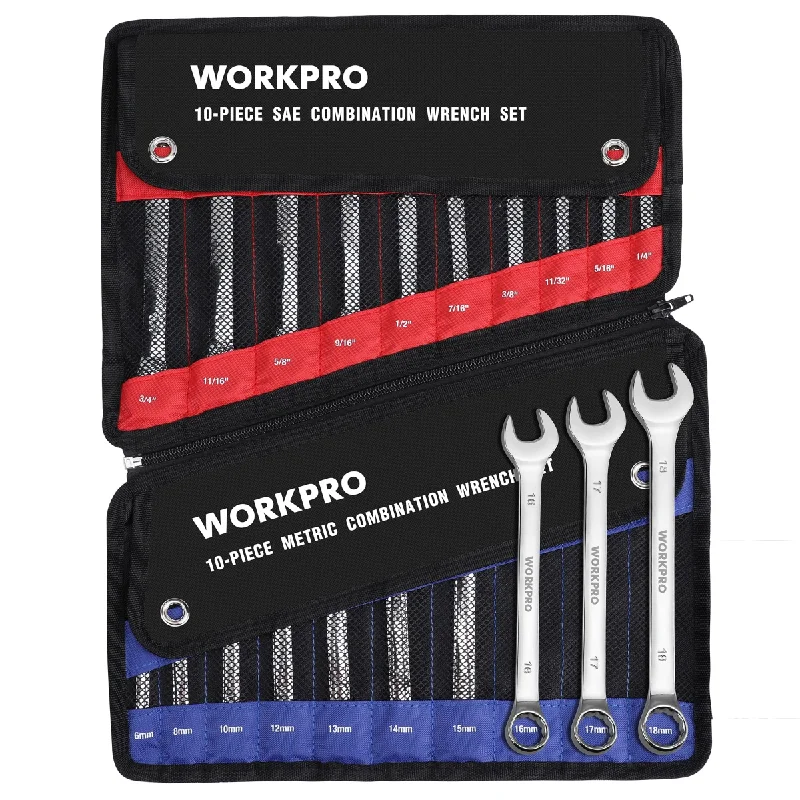 WORKPRO 20 Pcs Metric & SAE Combination Cr-V 12-point Wrench Set, SAE 1/4”- 3/4” and Metric 6mm-18mm