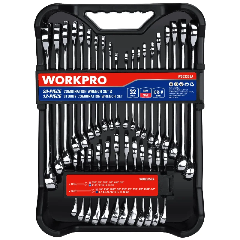 WORKPRO 32 Pcs SAE & Metric Combination 12 PT Regular and Stubby Wrench Set